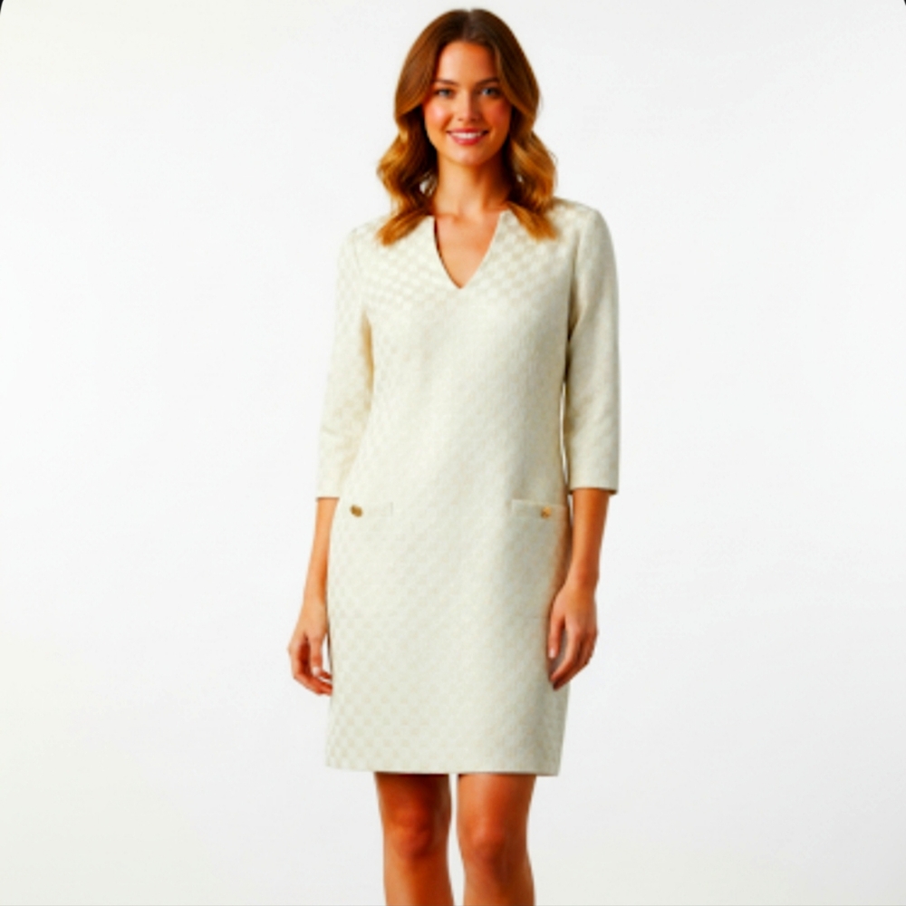 Lilly Pulitzer Mclane Resort White Jacquard Gold Shift Dress